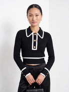 BLENIN contrast collar button sweater in black, front portrait