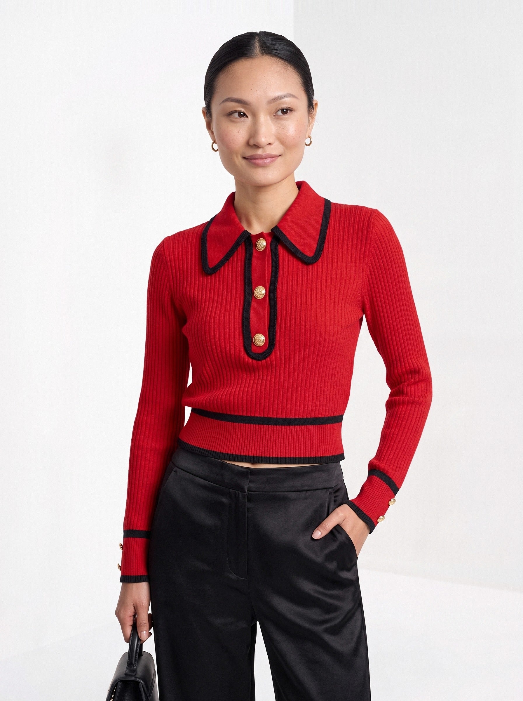 BLENIN contrast collar button sweater in red, front portrait