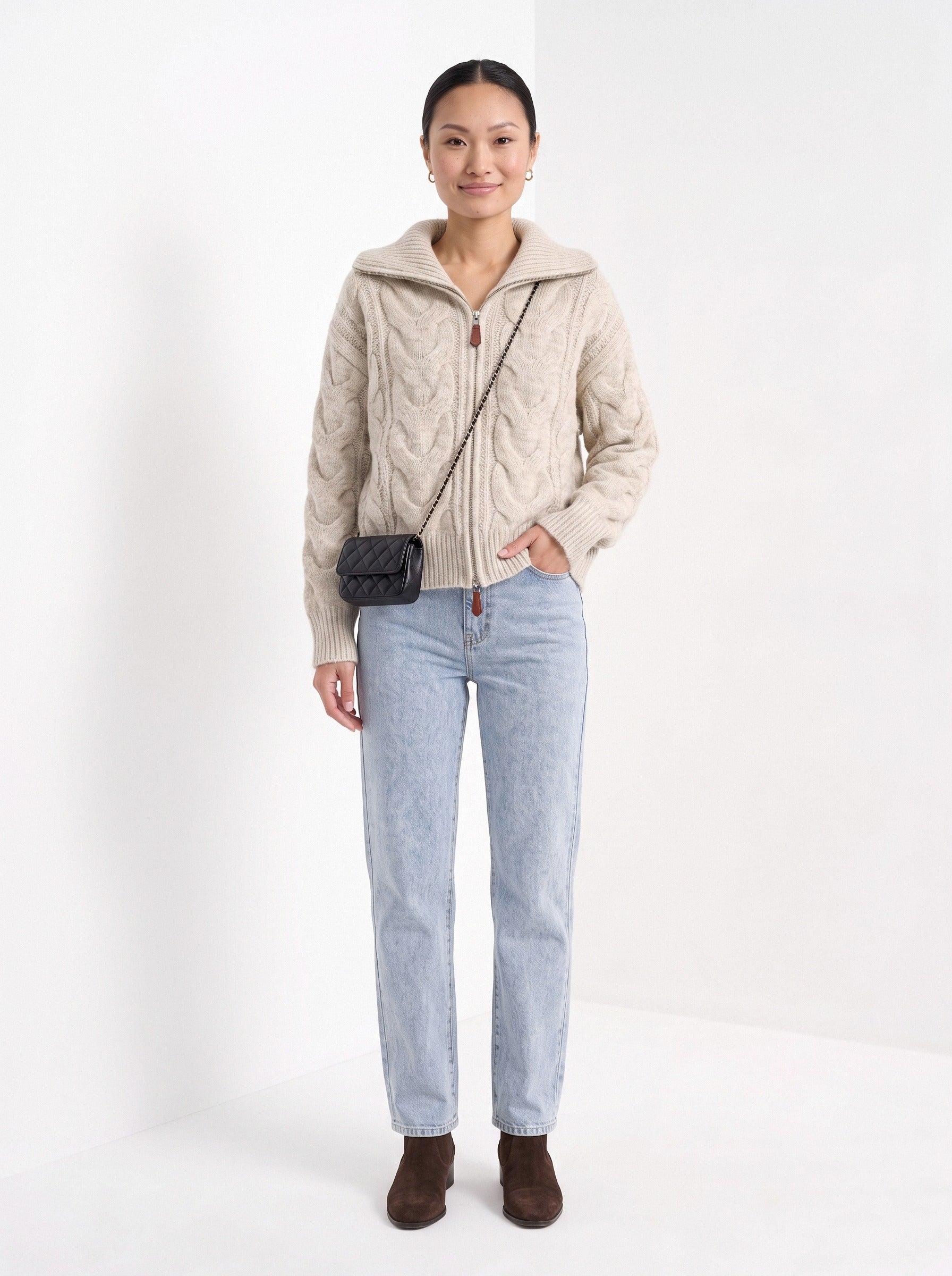 BLENIN wide collar cable zip cardigan in oatmeal, full-length front view