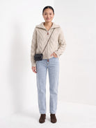 BLENIN wide collar cable zip cardigan in oatmeal, full-length front view