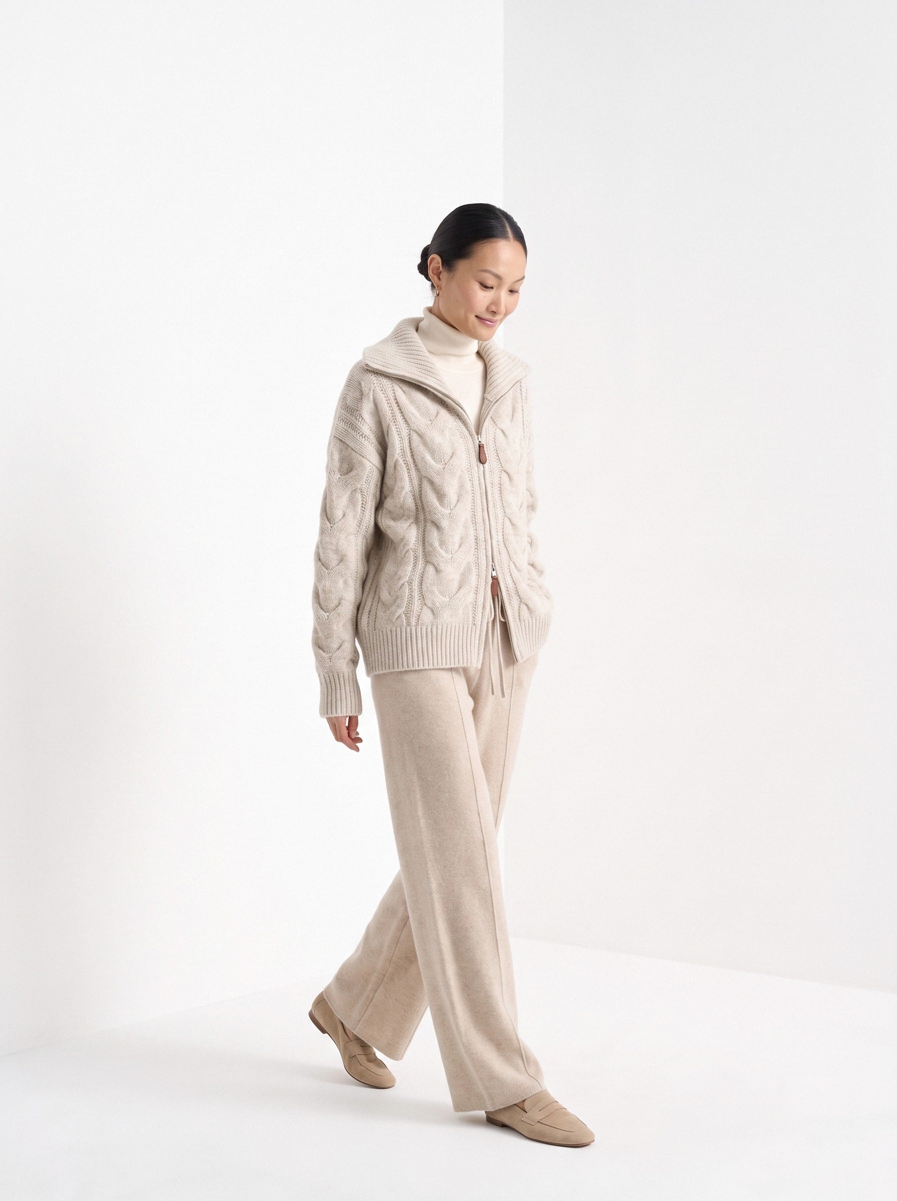 BLENIN wide collar cable zip cardigan in oatmeal, full outfit, walking