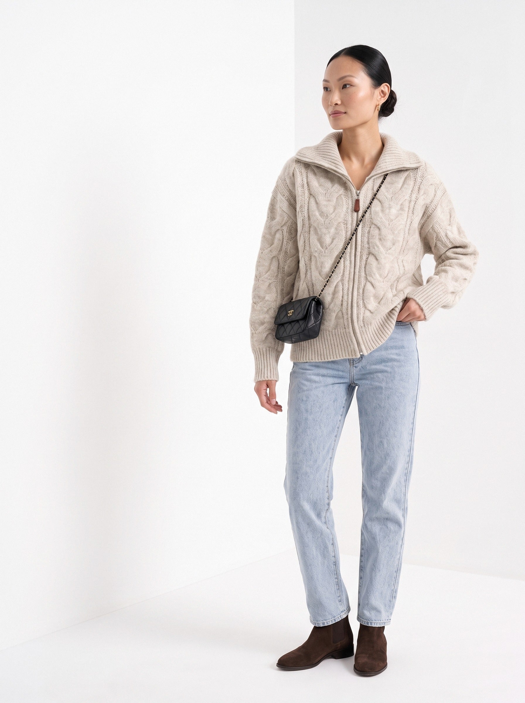 BLENIN wide collar cable zip cardigan in oatmeal, three-quarter view
