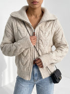 BLENIN wide collar cable zip cardigan in oatmeal, close-up of the details