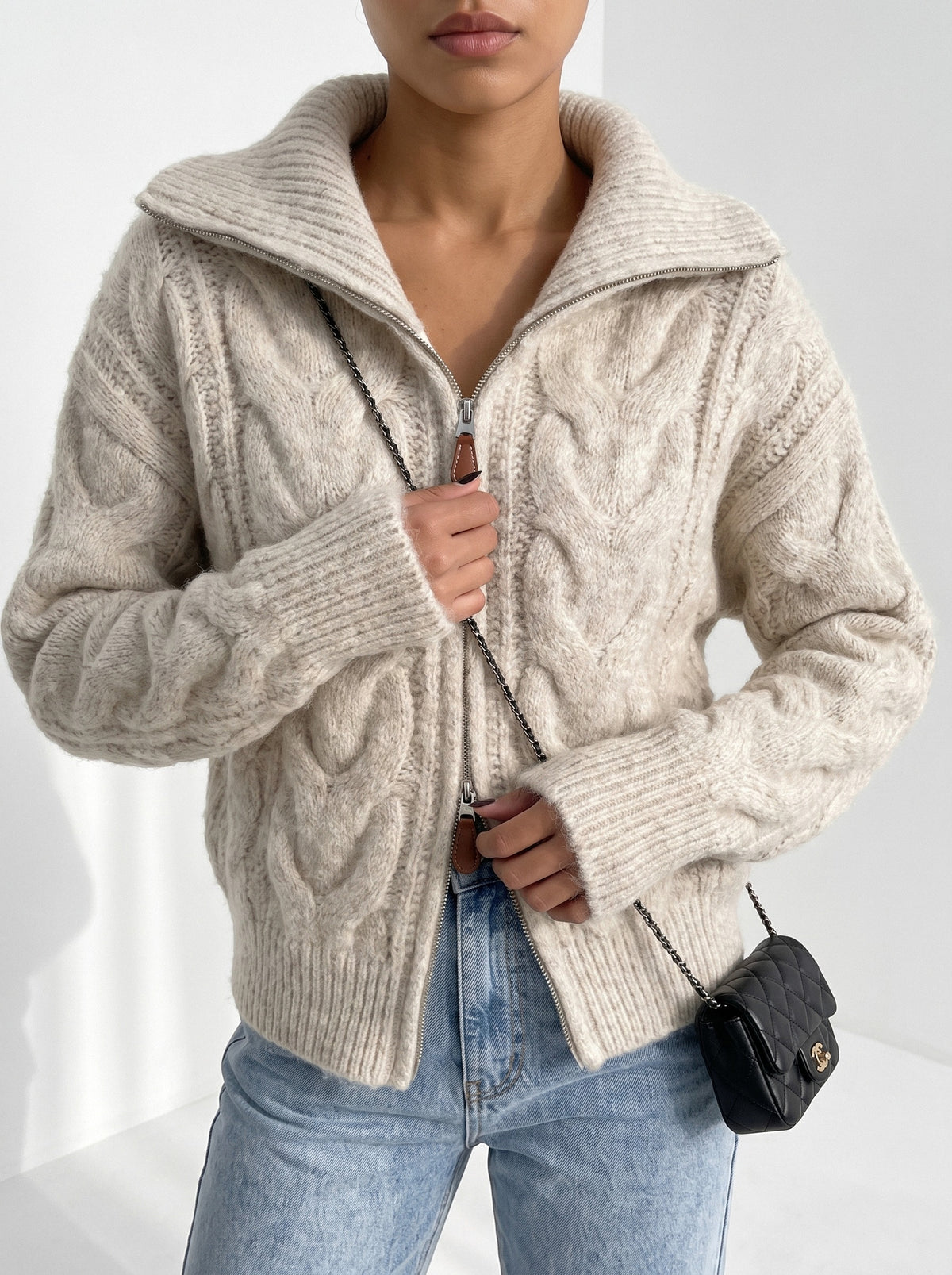 BLENIN wide collar cable zip cardigan in oatmeal, close-up of the details