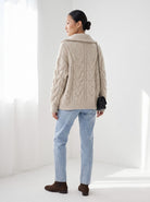 BLENIN wide collar cable zip cardigan in oatmeal, back view