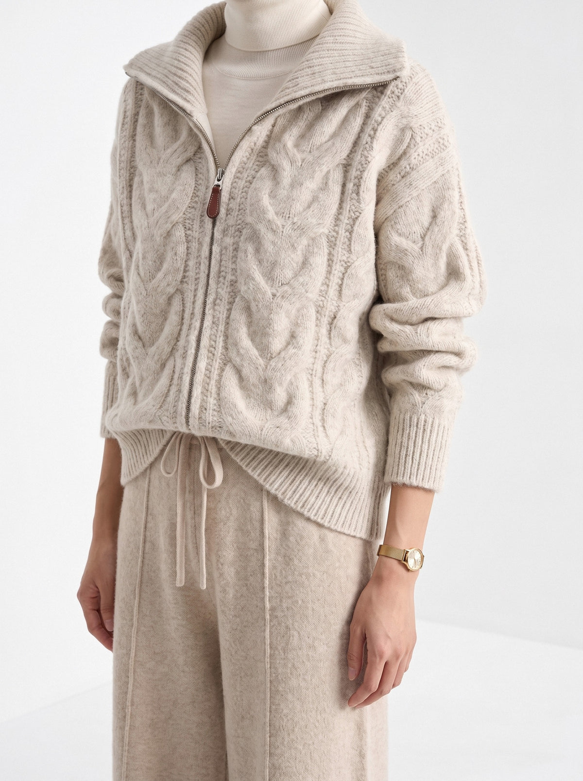 BLENIN wide collar cable zip cardigan in oatmeal, fit detail at the hem and cuff