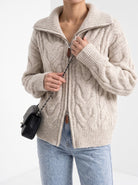 BLENIN wide collar cable zip cardigan in oatmeal, styled detail