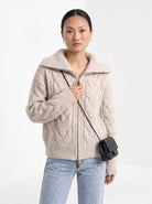 BLENIN wide collar cable zip cardigan in oatmeal, front portrait