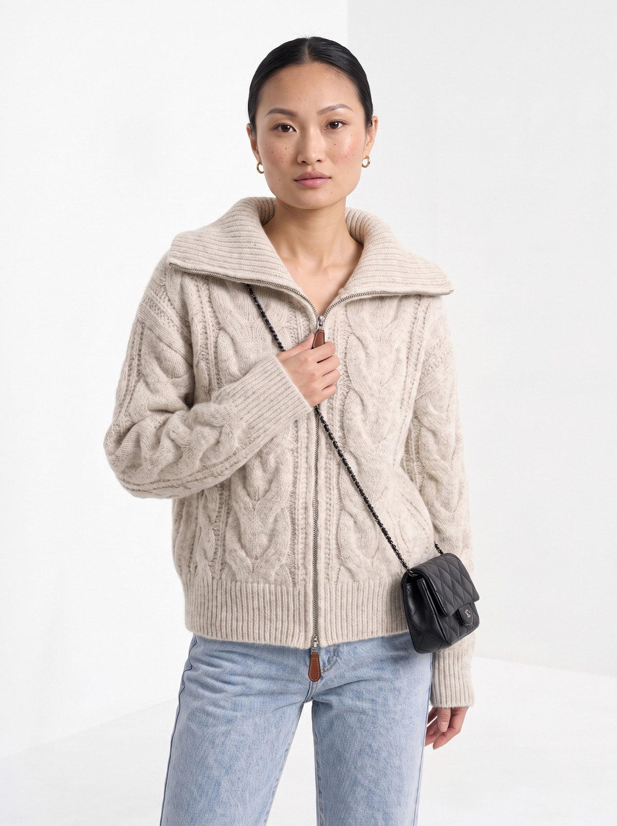 BLENIN wide collar cable zip cardigan in oatmeal, front portrait