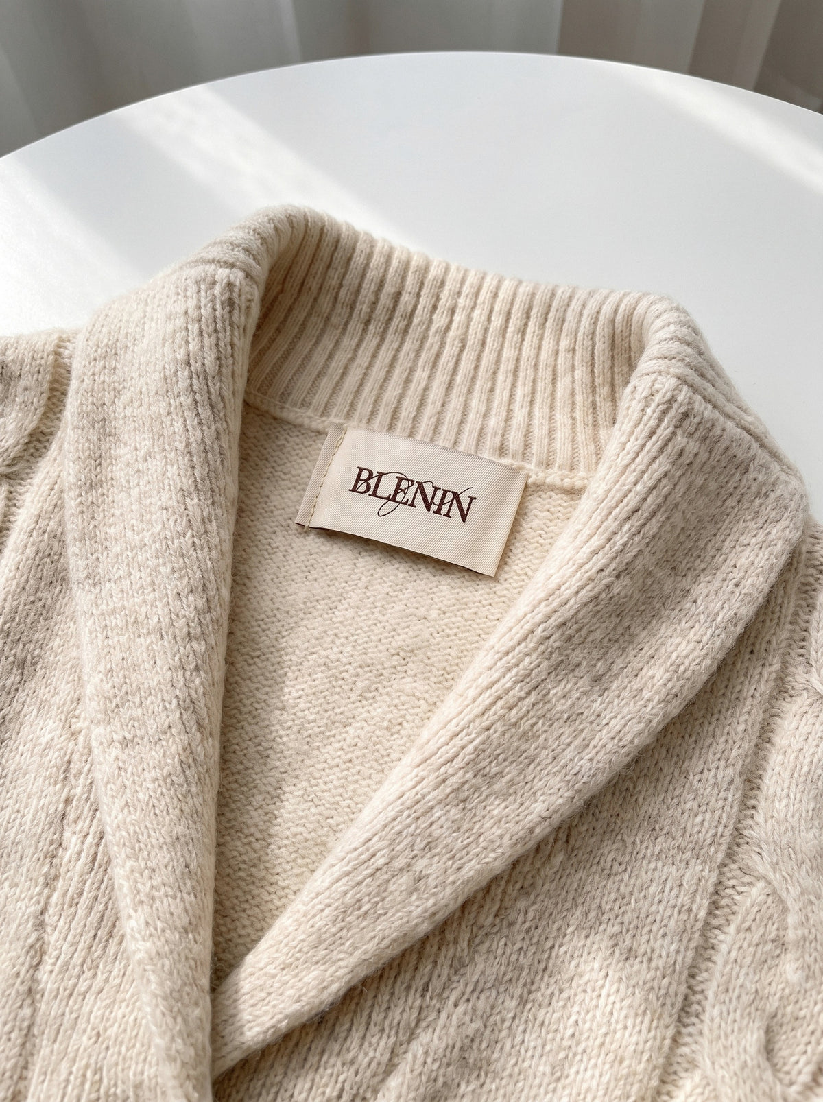 BLENIN wide collar cable zip cardigan, woven BLENIN label