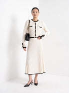 BLENIN contrast trim cable cardigan in ivory, full-length front view