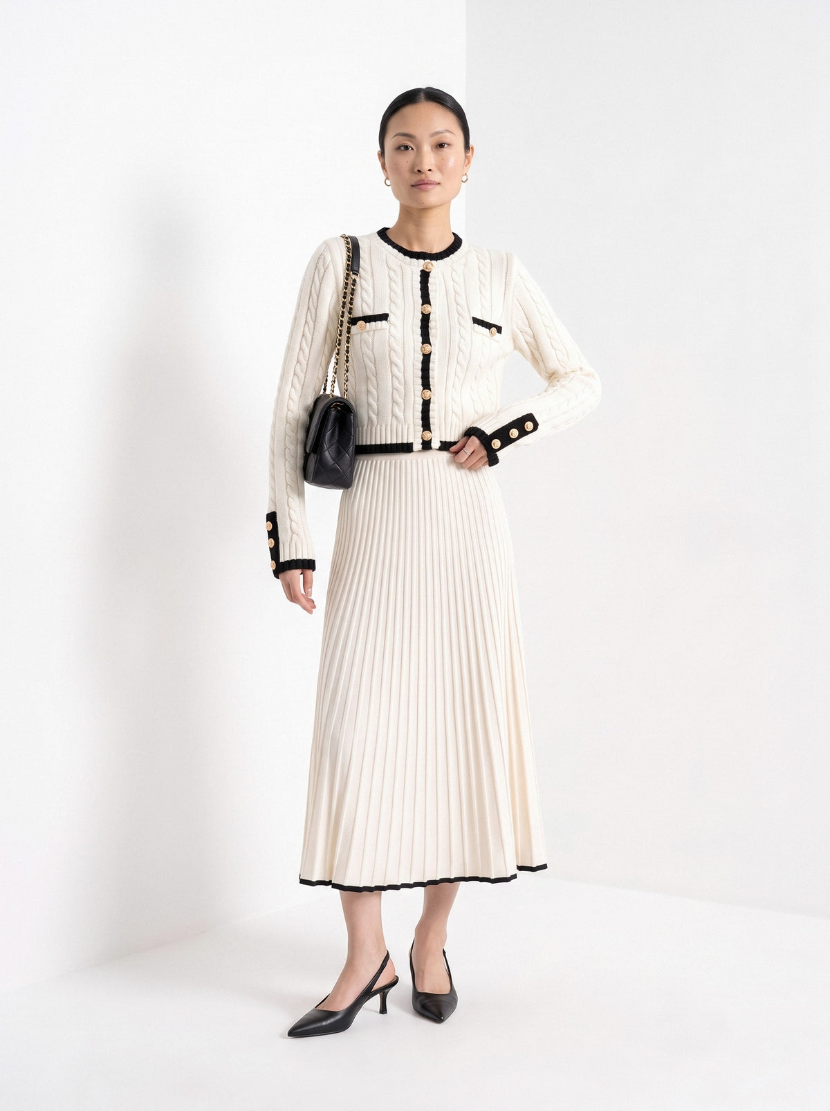 BLENIN contrast trim cable cardigan in ivory, full-length front view