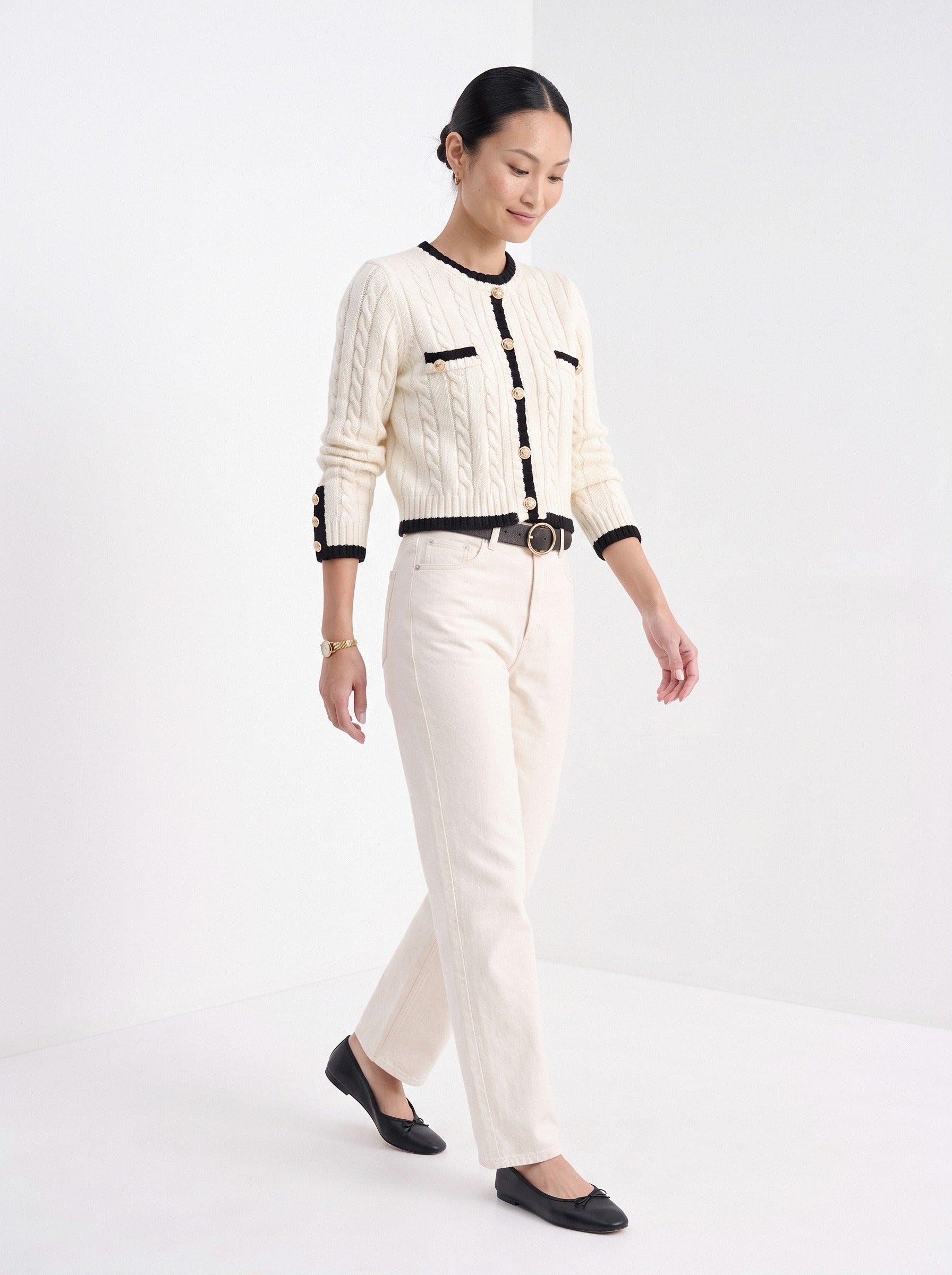 BLENIN contrast trim cable cardigan in ivory, full outfit, walking