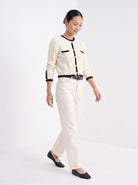 BLENIN contrast trim cable cardigan in ivory, full outfit, walking