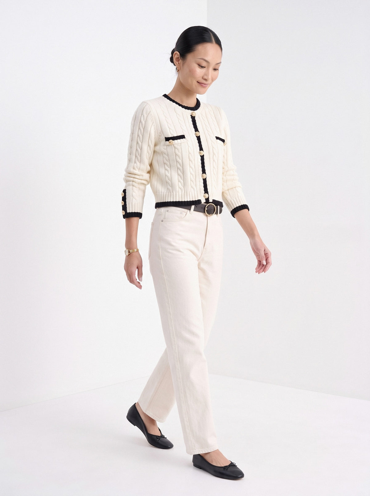 BLENIN contrast trim cable cardigan in ivory, full outfit, walking