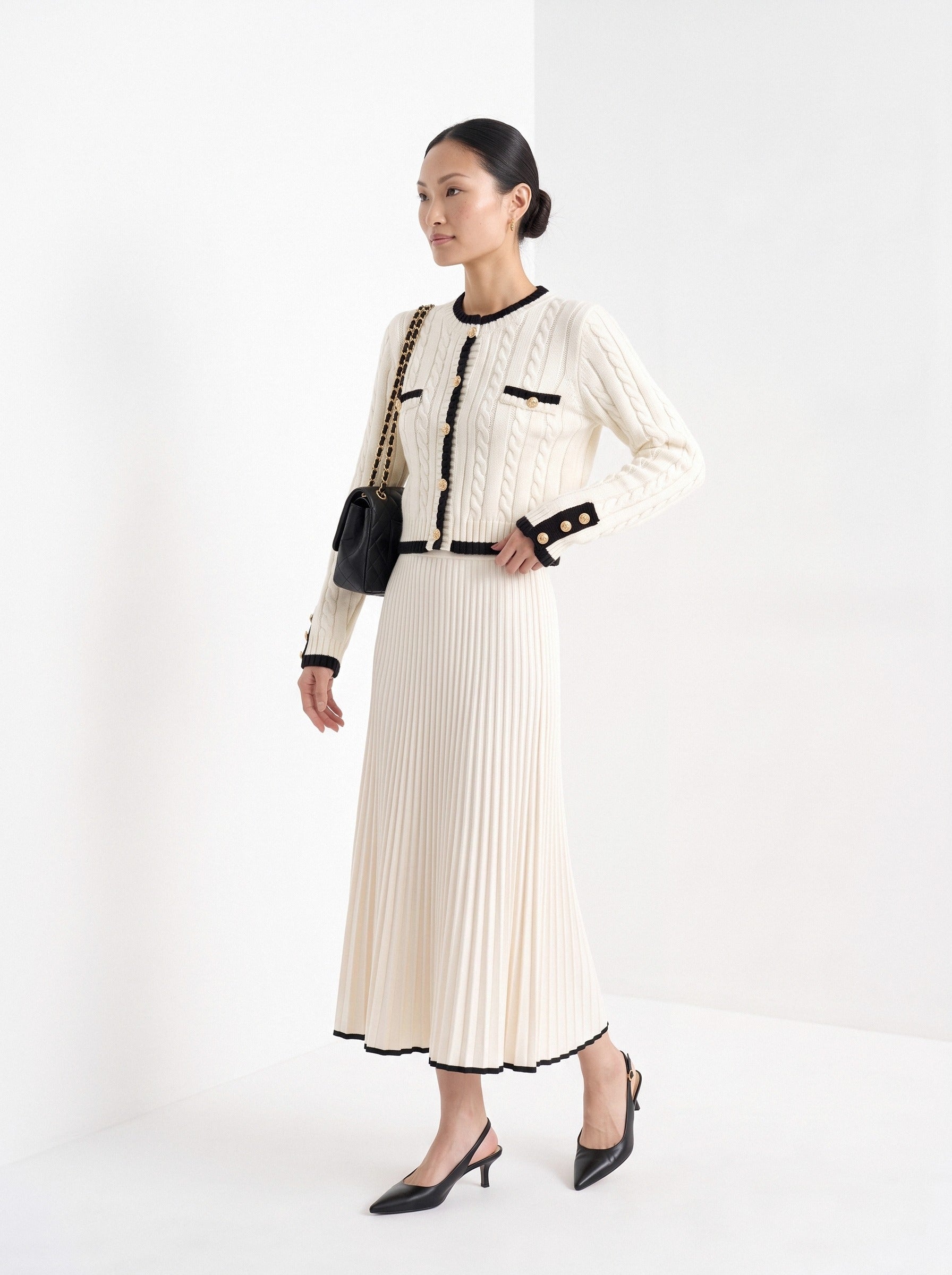 BLENIN contrast trim cable cardigan in ivory, three-quarter view