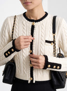 BLENIN contrast trim cable cardigan in ivory, close-up of the details