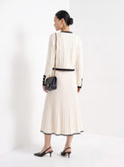 BLENIN contrast trim cable cardigan in ivory, back view