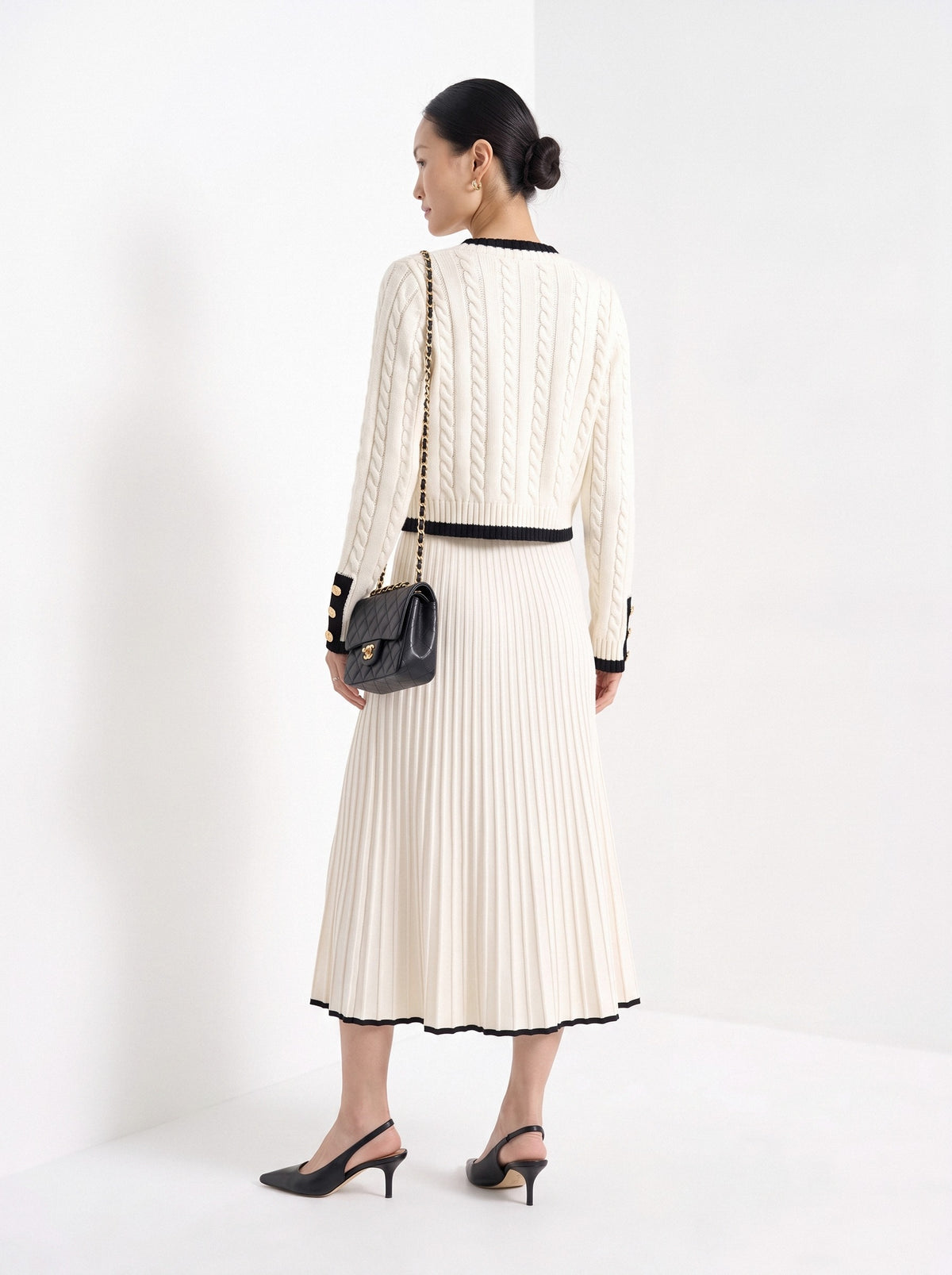 BLENIN contrast trim cable cardigan in ivory, back view