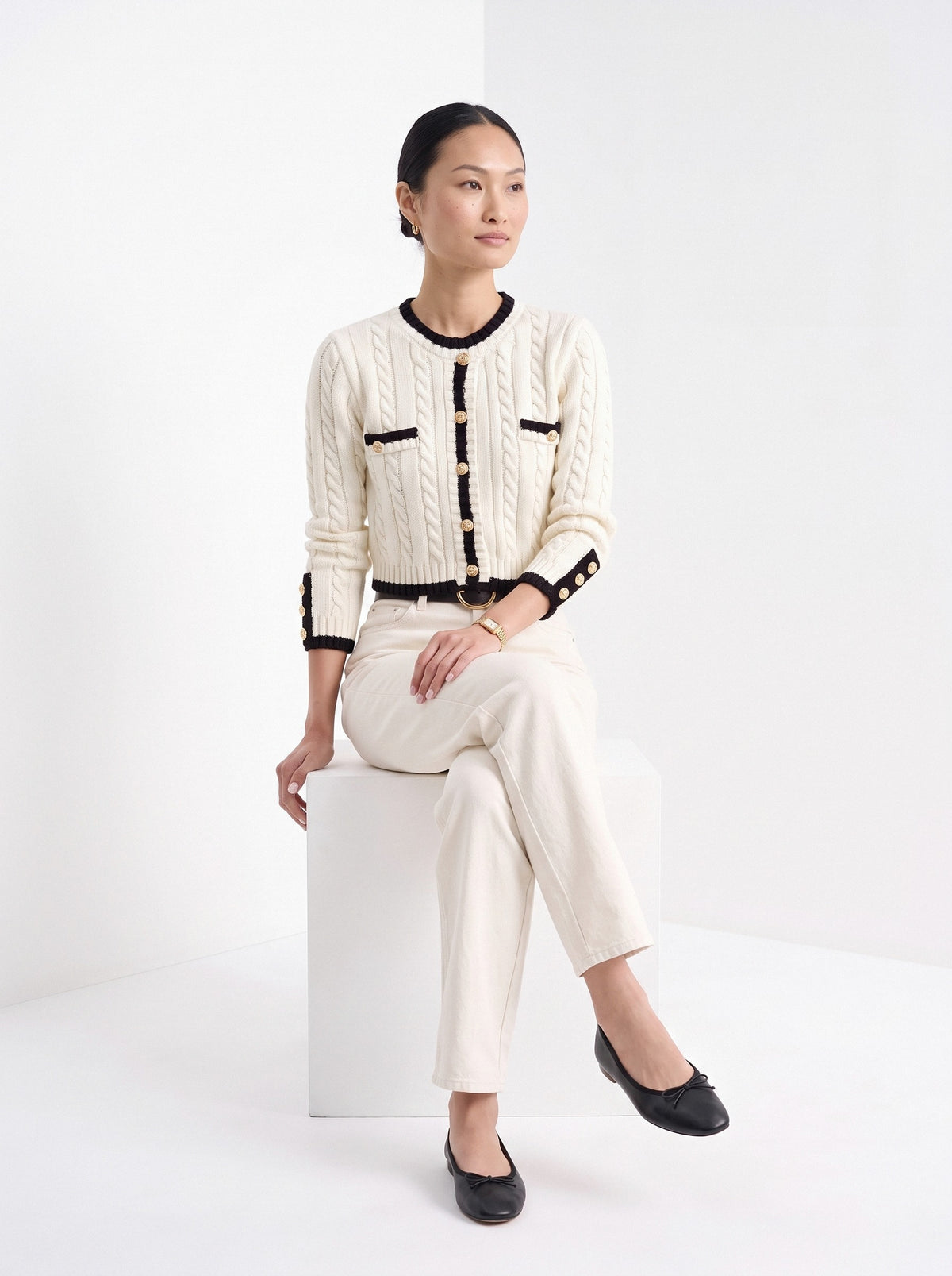 BLENIN contrast trim cable cardigan in ivory, seated, full outfit