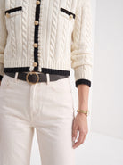 BLENIN contrast trim cable cardigan in ivory, fit detail at the hem and cuff