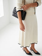 BLENIN contrast trim cable cardigan in ivory, styled detail