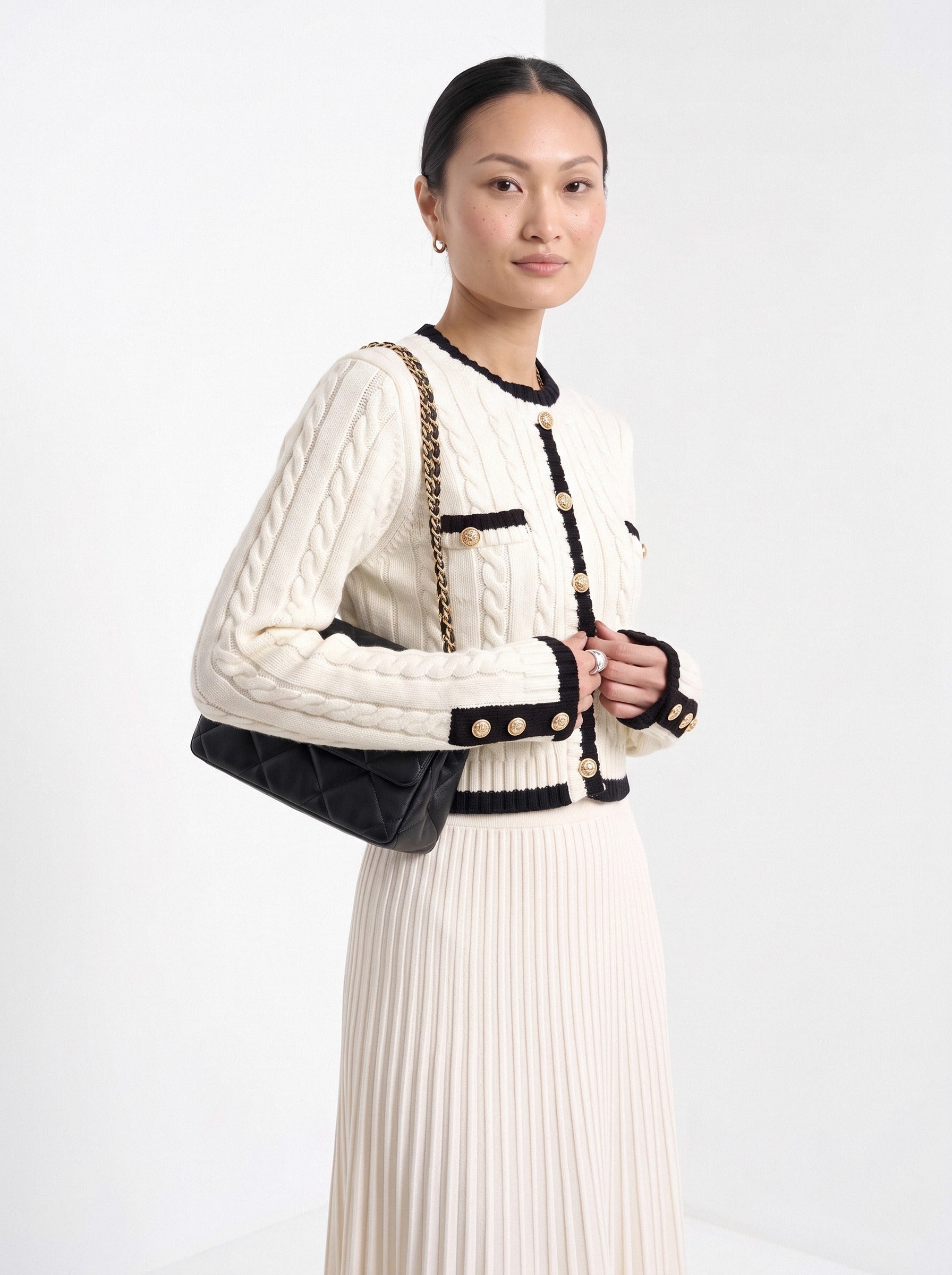 BLENIN contrast trim cable cardigan in ivory, front portrait