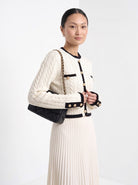 BLENIN contrast trim cable cardigan in ivory, front portrait