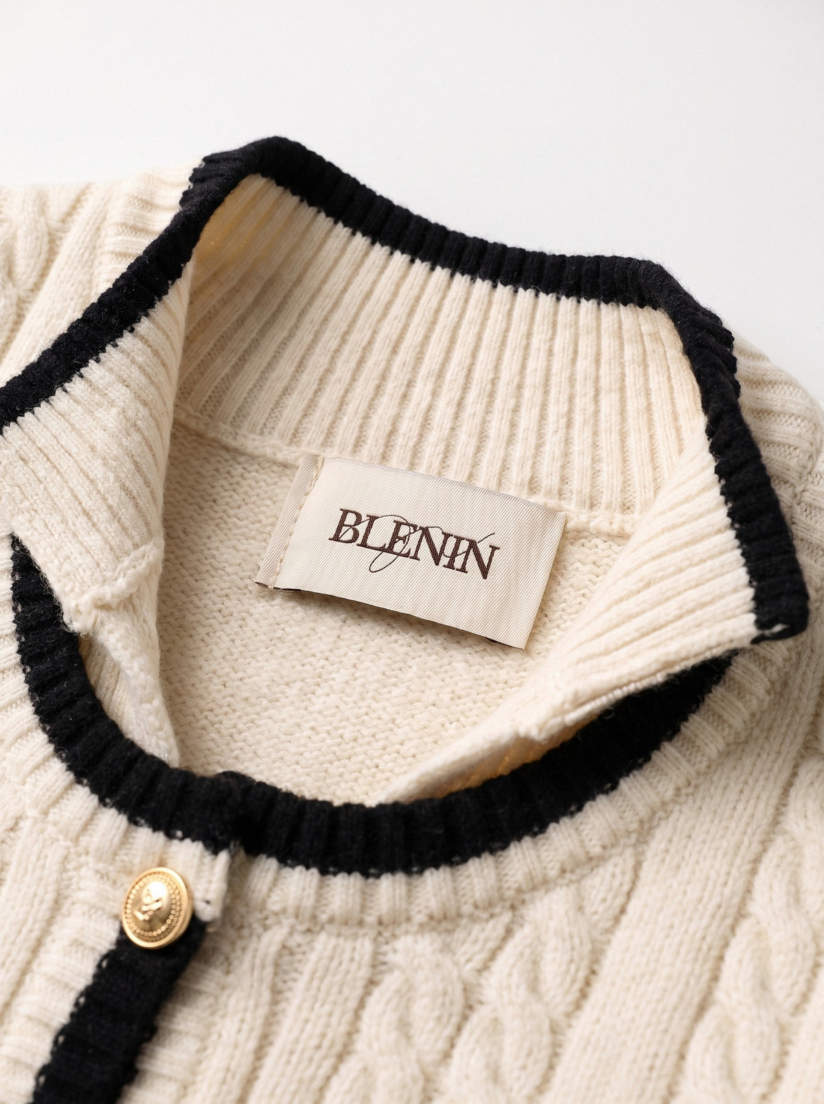 BLENIN contrast trim cable cardigan, woven BLENIN label