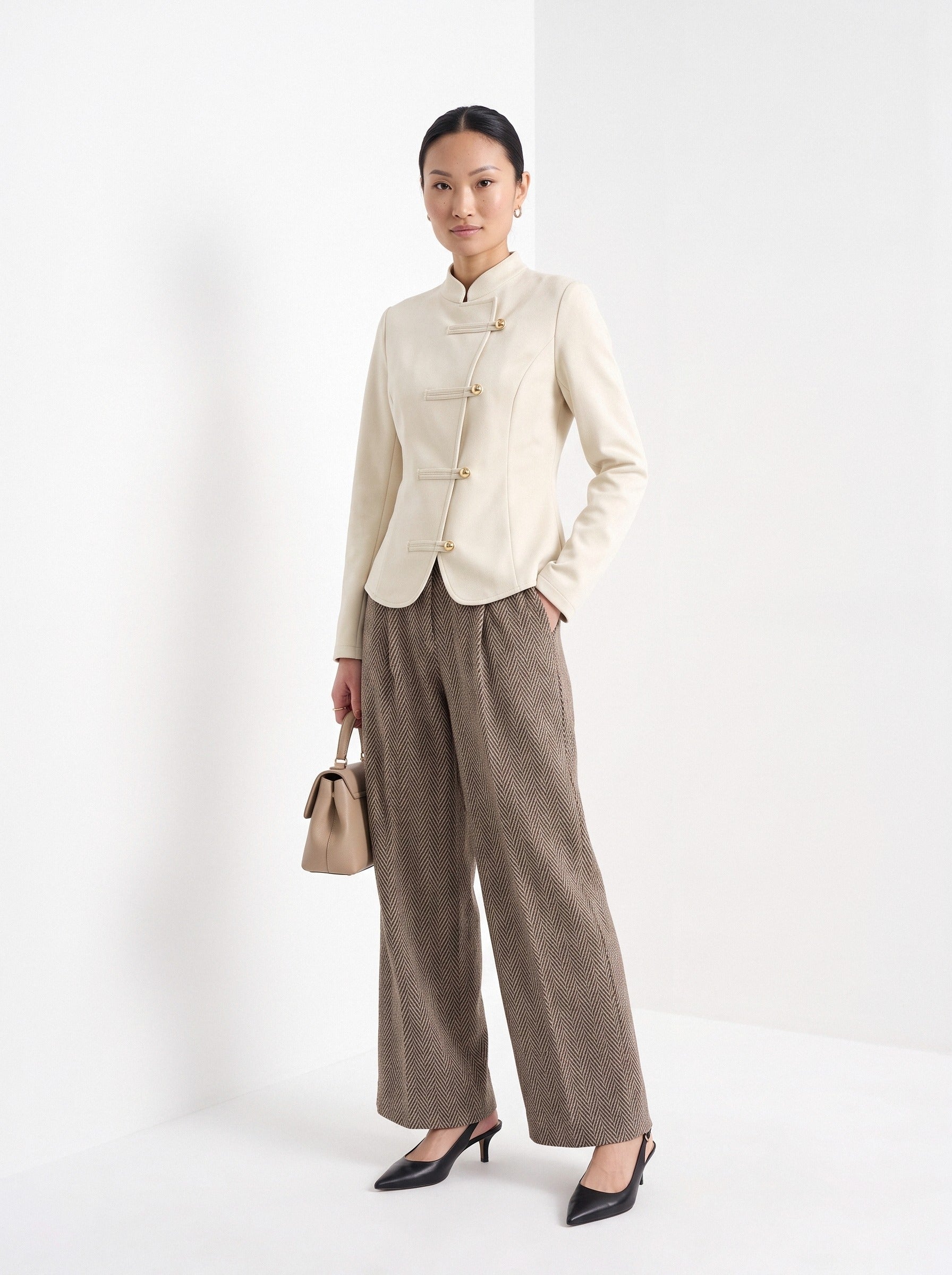 BLENIN stand collar fitted jacket in cream, full-length front view
