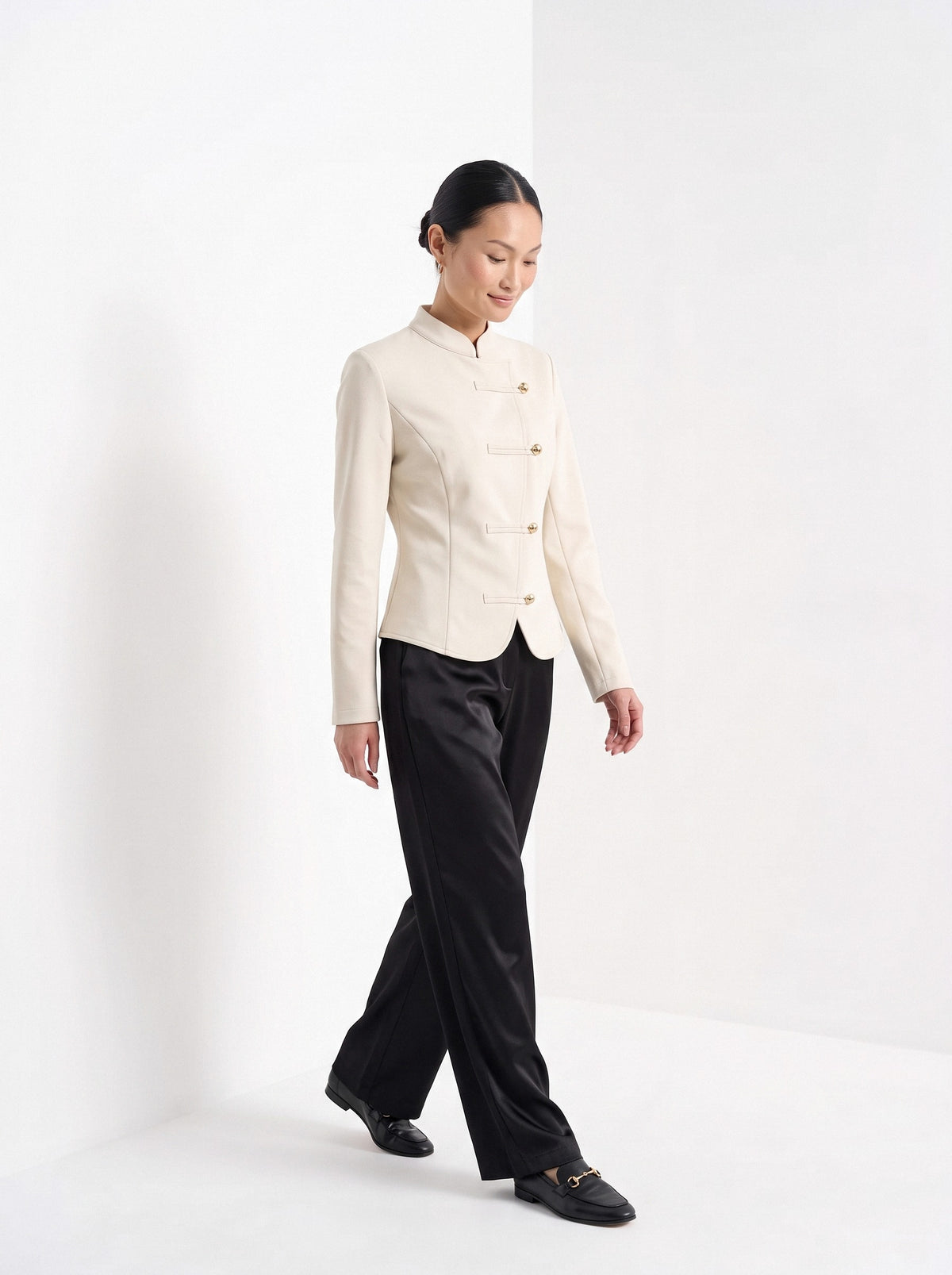 BLENIN stand collar fitted jacket in cream, full outfit, walking