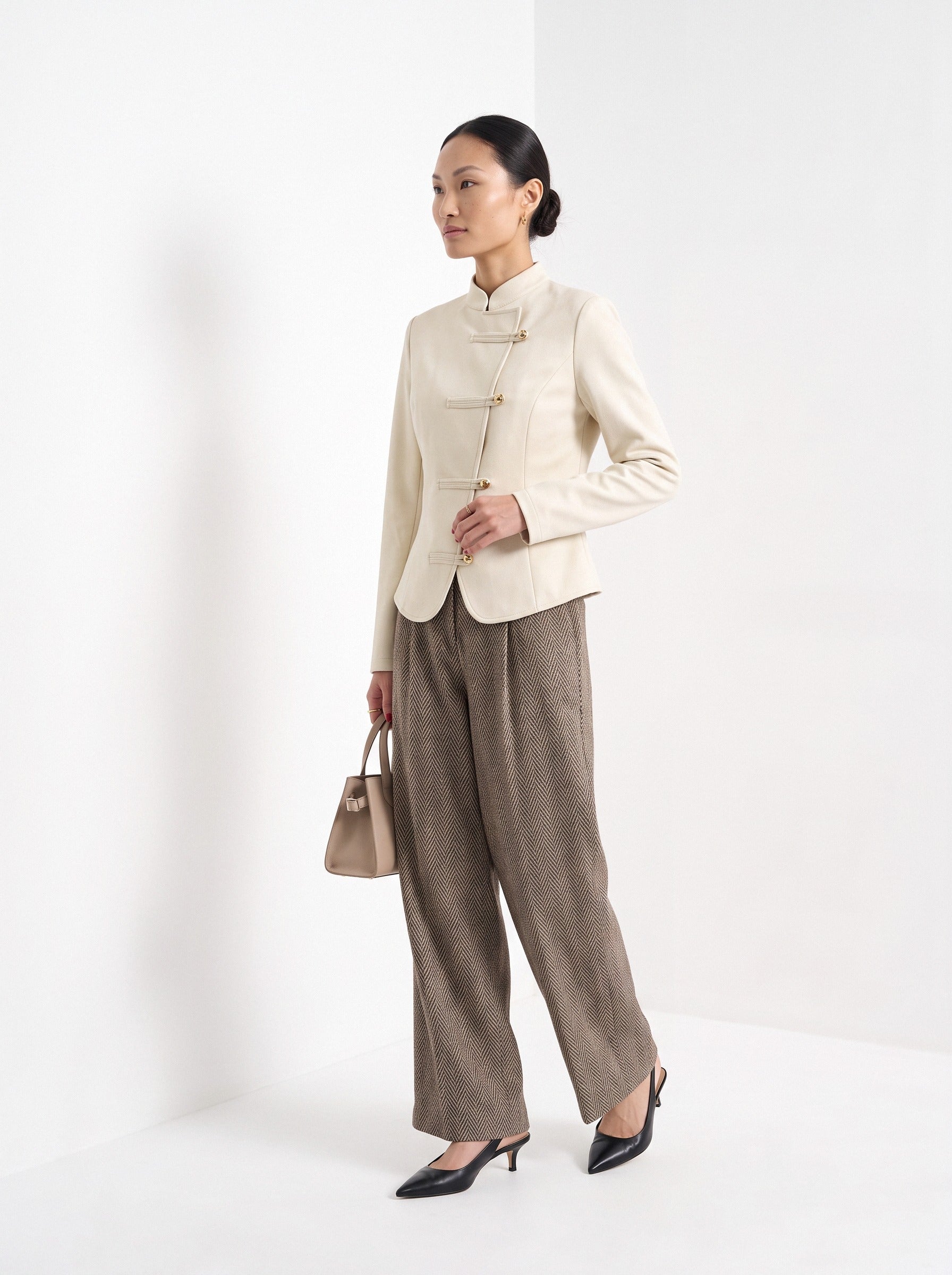 BLENIN stand collar fitted jacket in cream, three-quarter view
