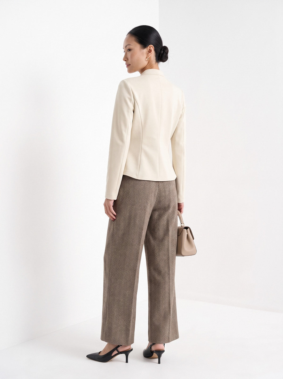 BLENIN stand collar fitted jacket in cream, back view