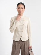 BLENIN stand collar fitted jacket in cream, front portrait
