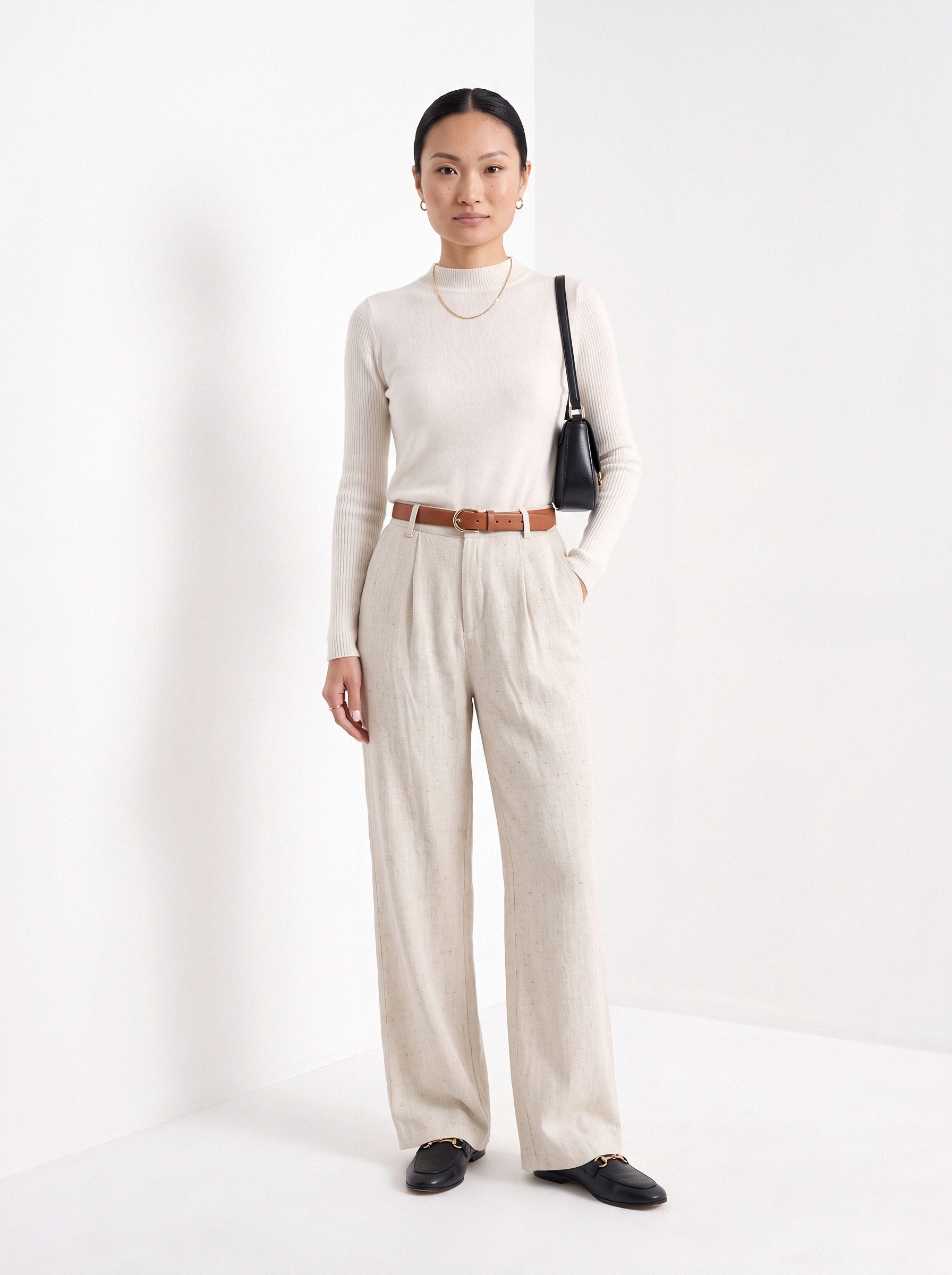 BLENIN cashmere mock neck sweater in milky, full-length front view