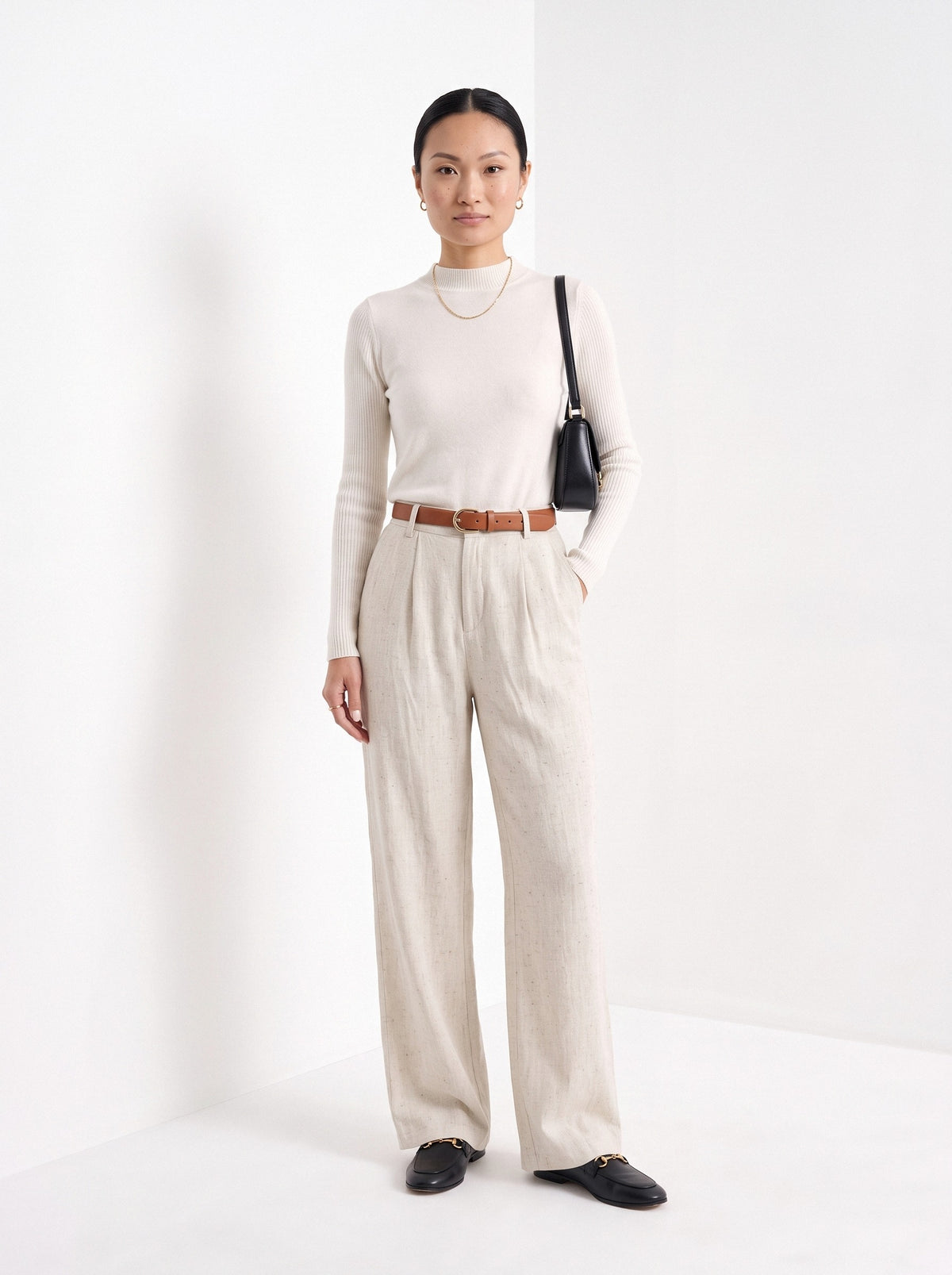 BLENIN cashmere mock neck sweater in milky, full-length front view