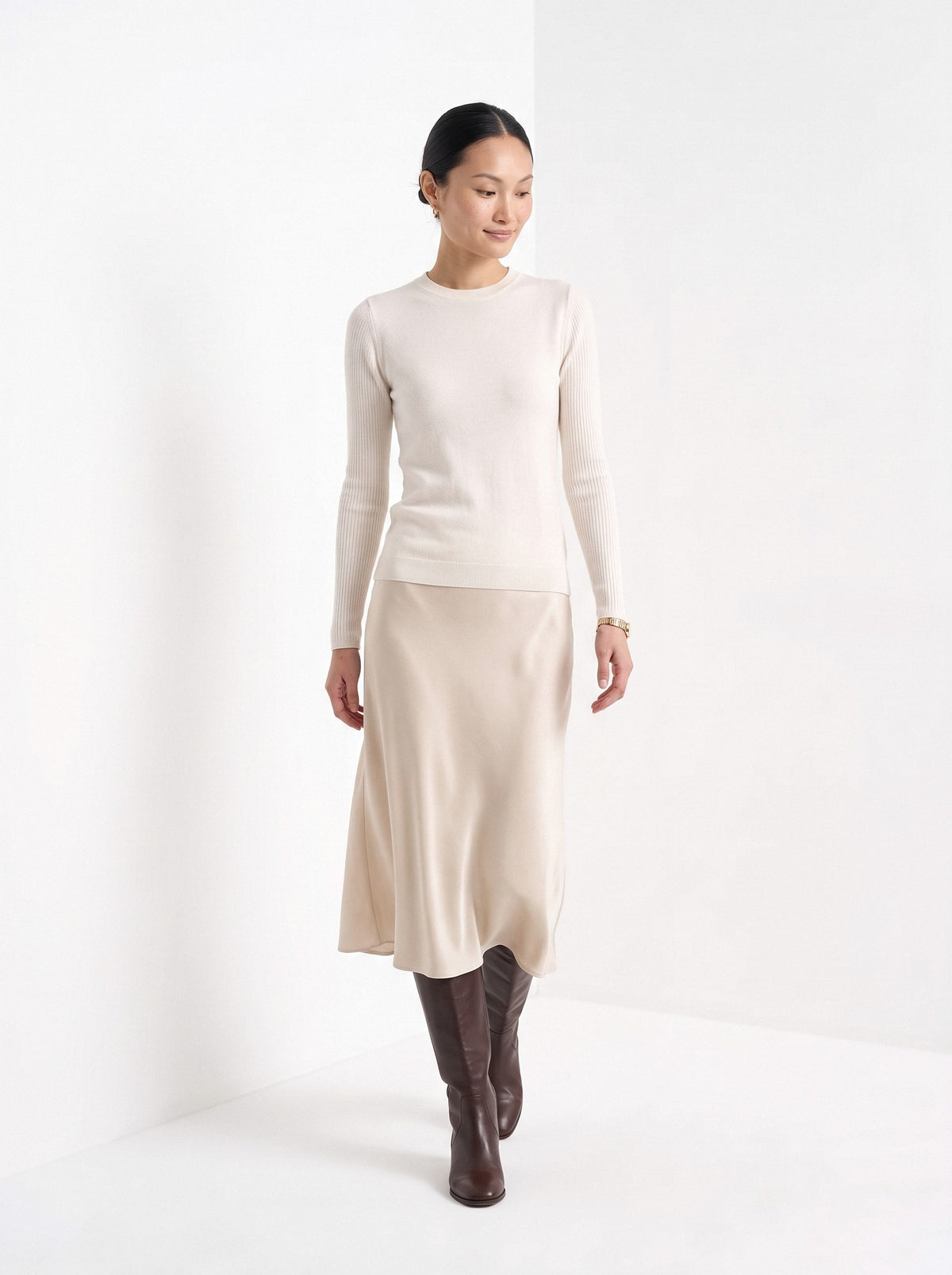 BLENIN cashmere mock neck sweater in milky, full outfit, walking