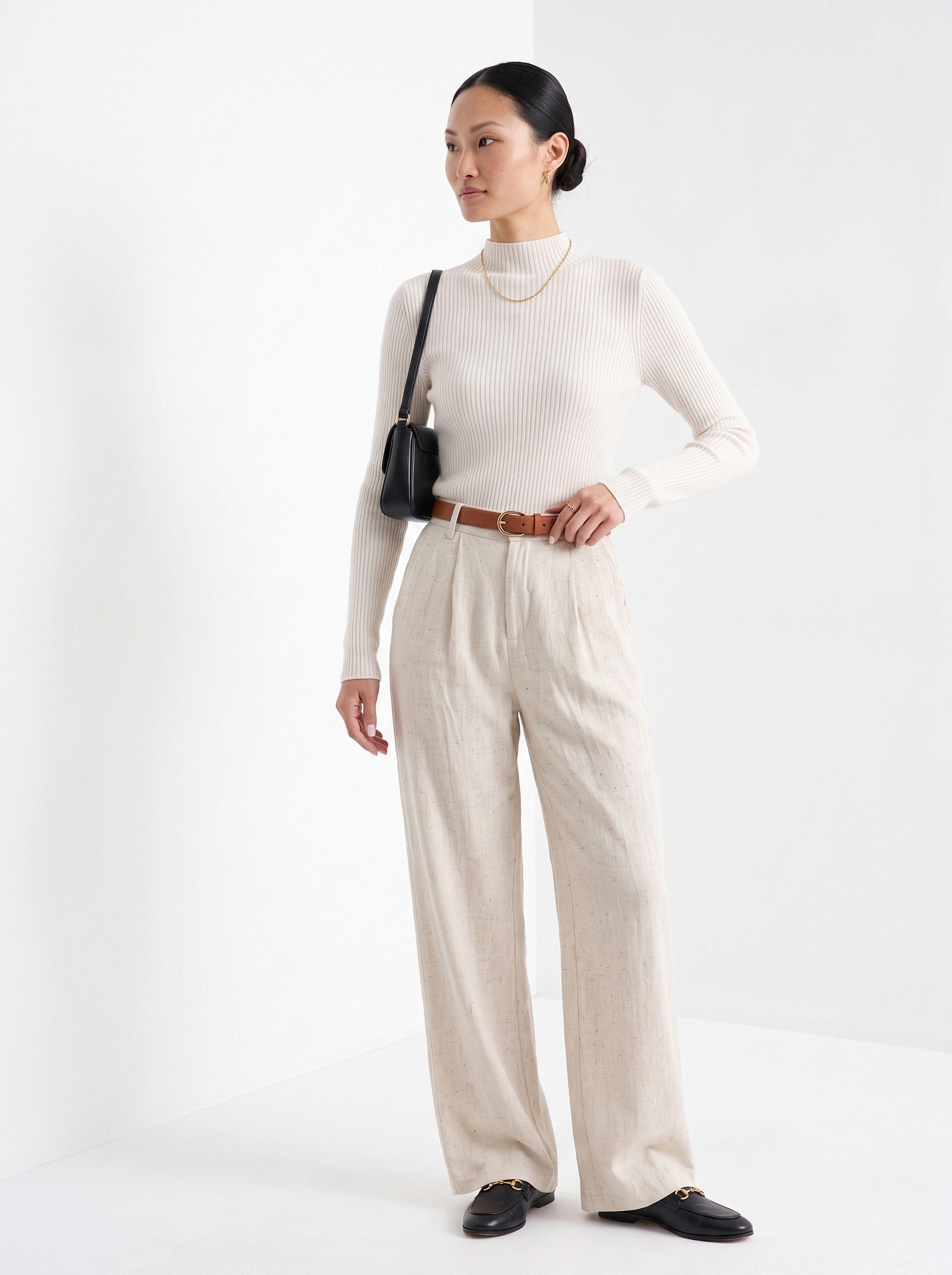 BLENIN cashmere mock neck sweater in milky, three-quarter view