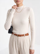 BLENIN cashmere mock neck sweater in milky, close-up of the details