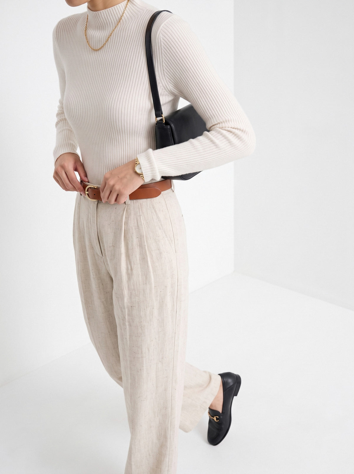 BLENIN cashmere mock neck sweater in milky, styled detail