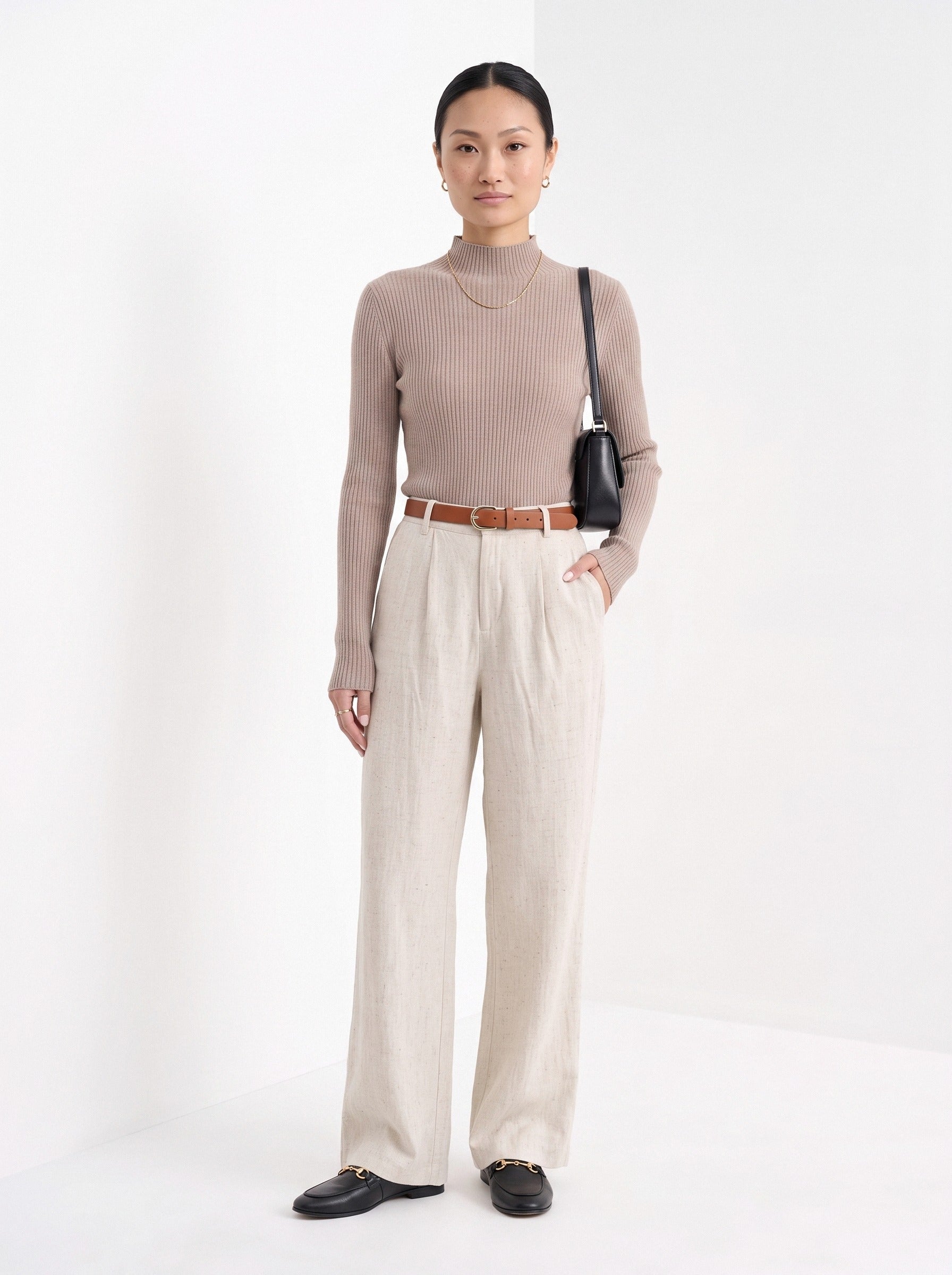 BLENIN cashmere mock neck sweater in camel, full-length front view