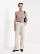 BLENIN cashmere mock neck sweater in camel, full-length front view
