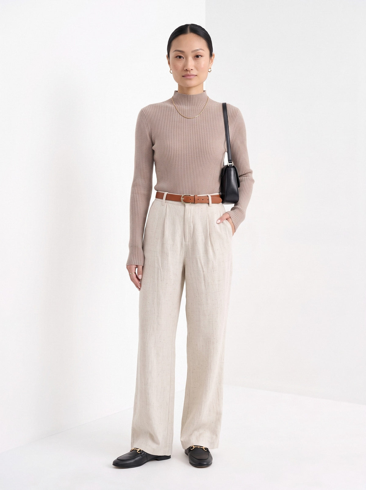 BLENIN cashmere mock neck sweater in camel, full-length front view