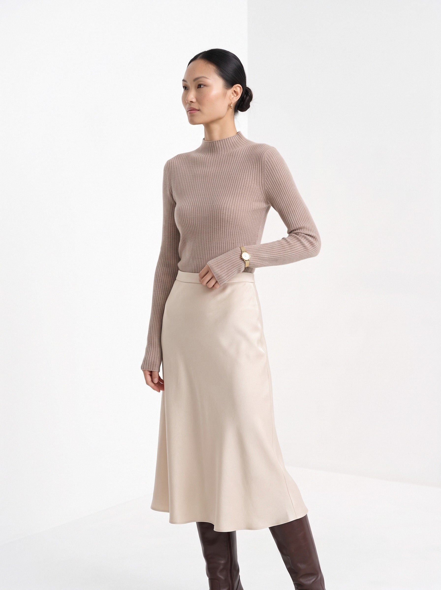BLENIN cashmere mock neck sweater in camel, three-quarter view