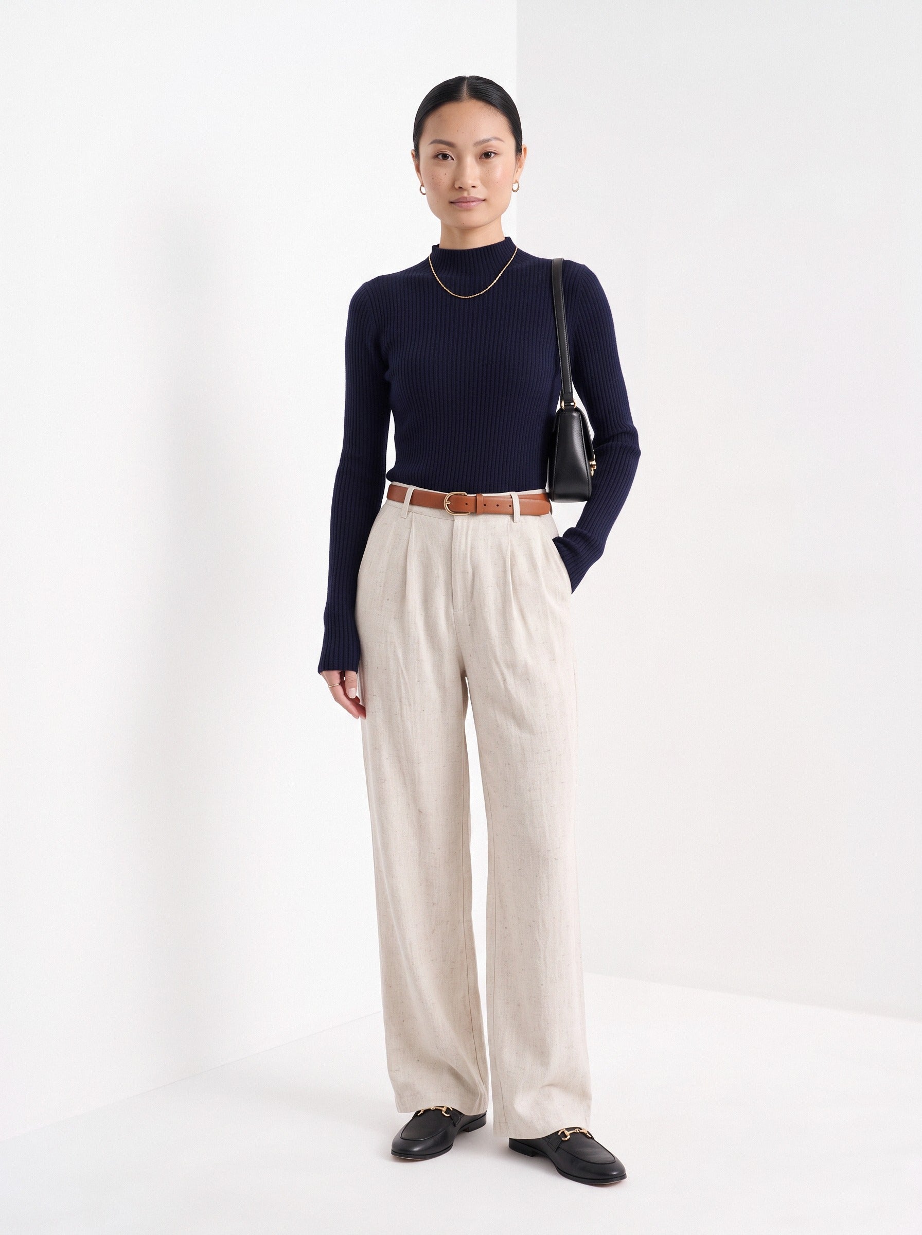 BLENIN cashmere mock neck sweater in navy, full-length front view