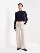 BLENIN cashmere mock neck sweater in navy, full-length front view