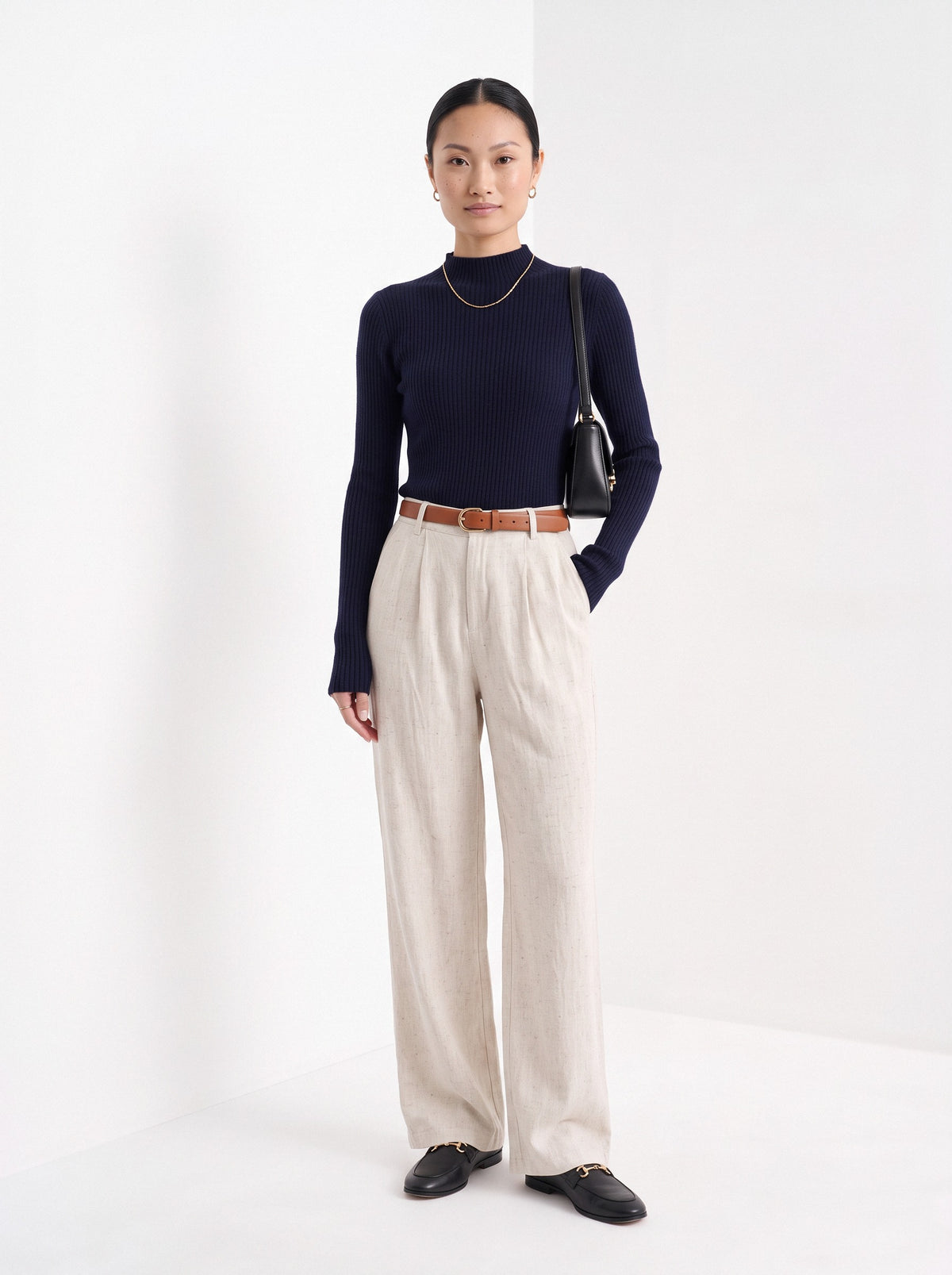 BLENIN cashmere mock neck sweater in navy, full-length front view