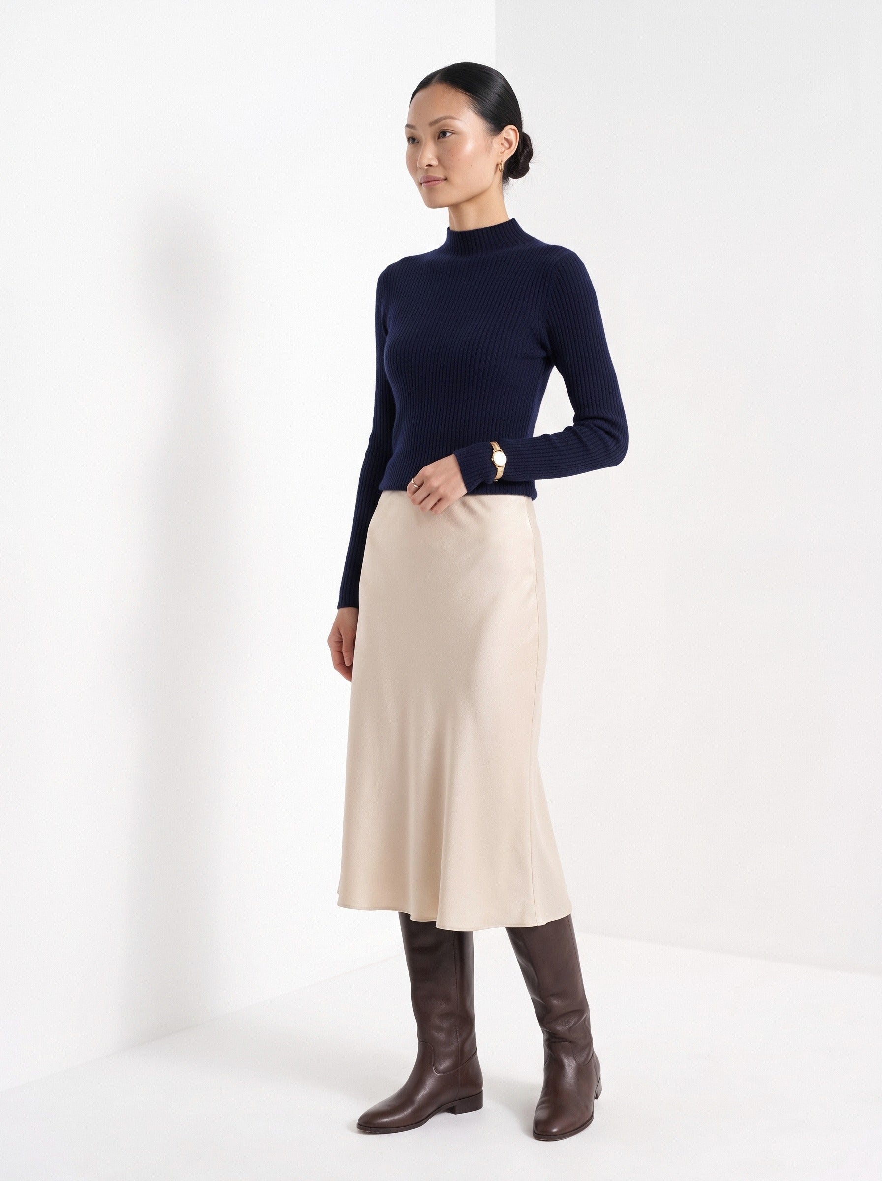 BLENIN cashmere mock neck sweater in navy, three-quarter view