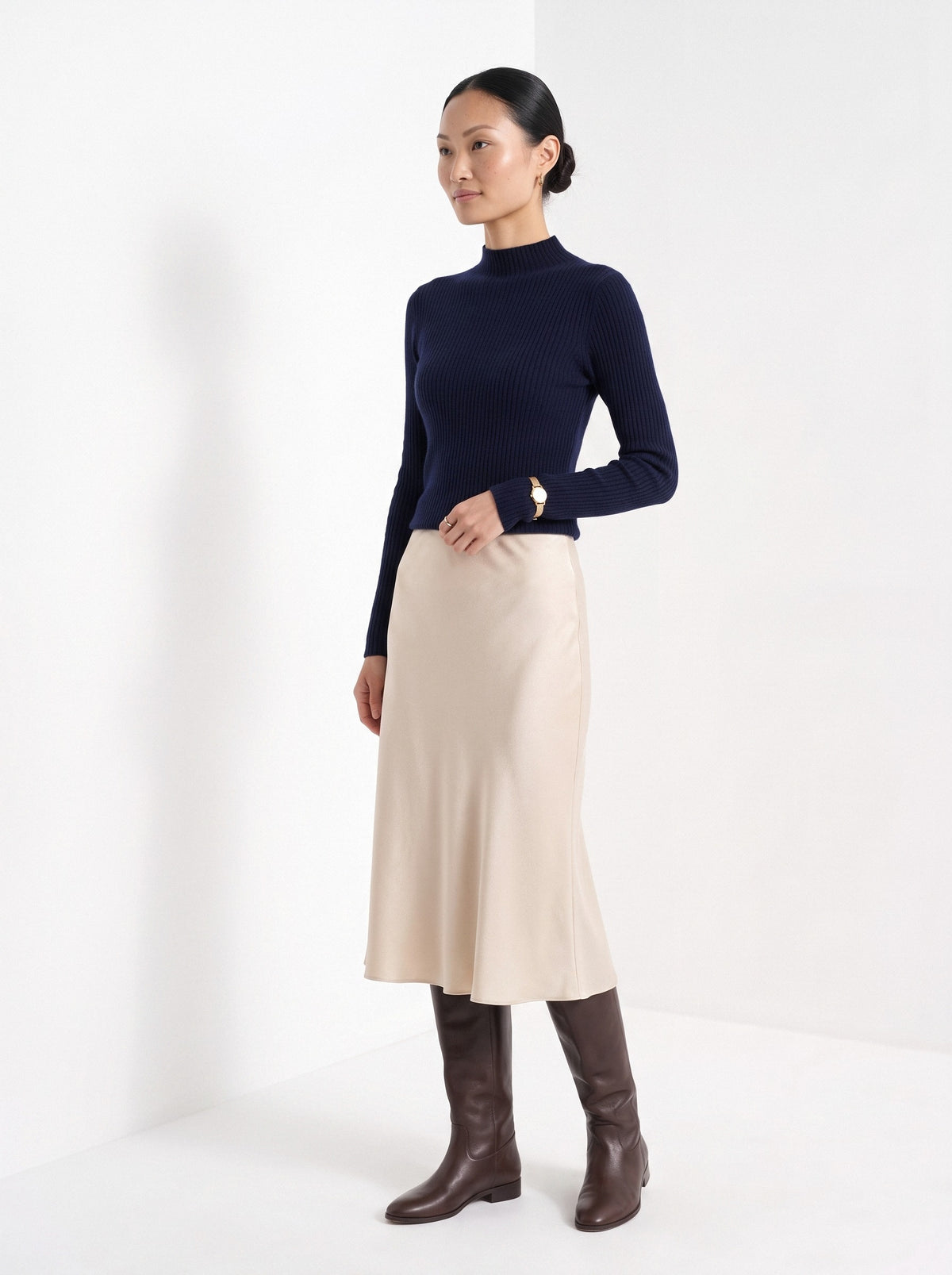 BLENIN cashmere mock neck sweater in navy, three-quarter view