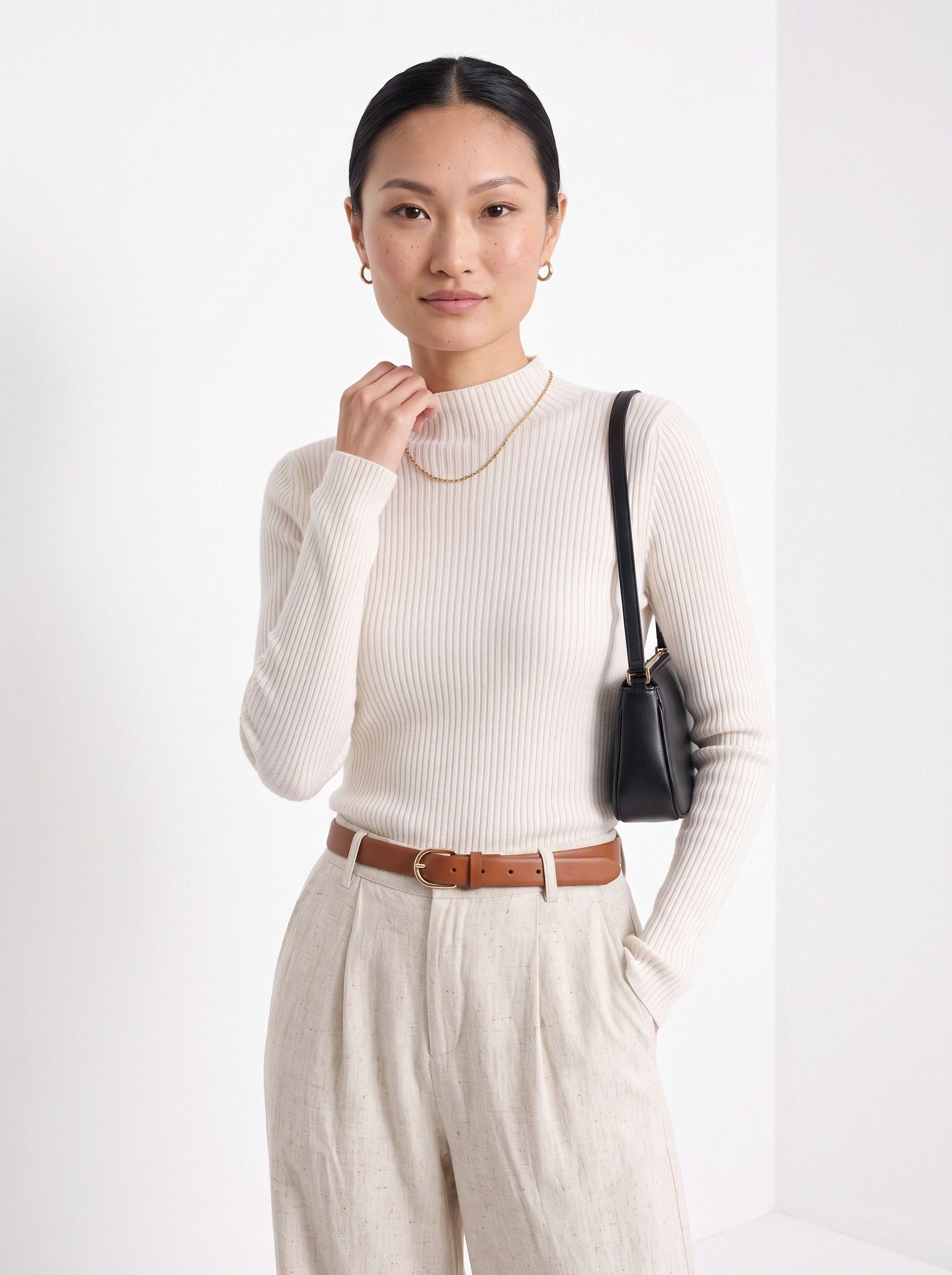 BLENIN cashmere mock neck sweater in milky, front portrait